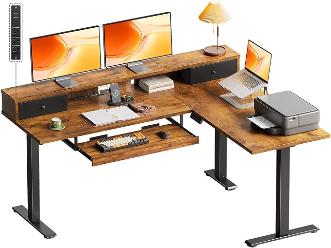 OffiGo 59 Inch L Shaped Electric Standing Desk with Drawers, Rustic Brown | Monitor Stand, Keyboard Tray, Fabric Drawer, Power Outlets, Height Adjustable Corner Stand Up Desk for Organized Home Office