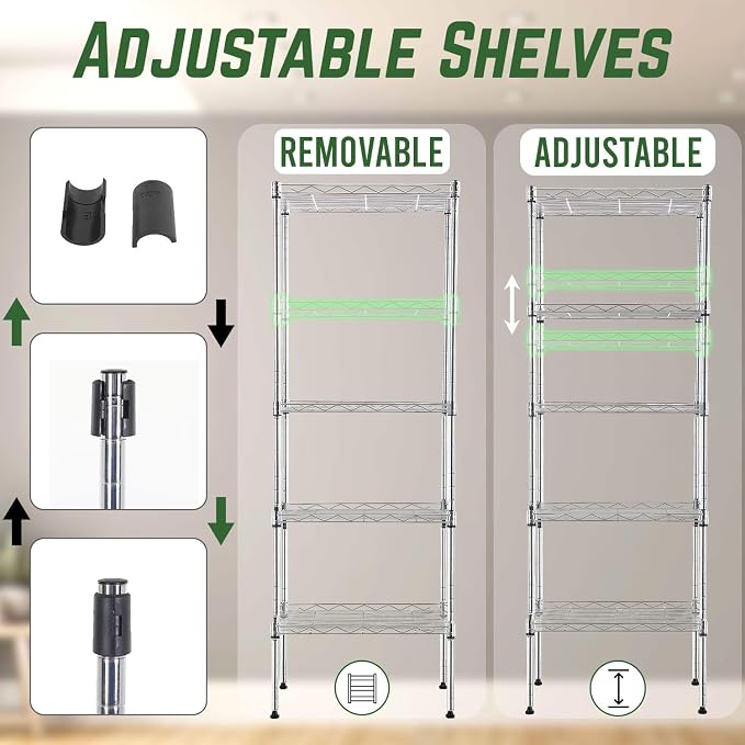 PayLessHere | 5-Tier Wire Shelf | 17"x12"x48" | Chrome | Adjustable Racks | Heavy-Duty Storage Shelves, Holds Upto 750 lbs | Rust-Resistant, No-Tool Assembly | for Home, Garage Shelving