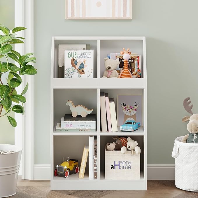 NELYE 6-Cube Wooden Storage Bookcase - 11-Inch Open Shelf Cabinet, Simple Modern Bookshelf Organizer for Home Office, Living Room, White