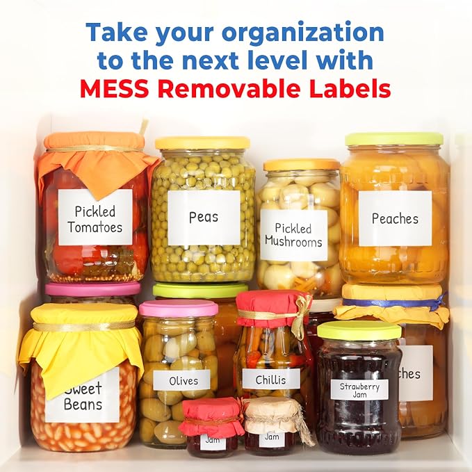 MESS Removable Food Labels for Containers (48-Pack) 3x4 Erasable Kitchen Labels for Organizing, Freezer & Fridge, White Dry Erase Labels for Jars