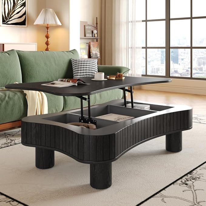 Lift Top Coffee Table with Hidden Storage Fluted Panel Silent Hydraulic Lift Curved Corners (Black)
