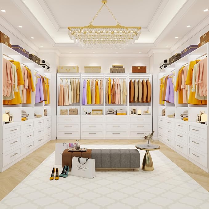 Closet System Set of 4, 8FT-21FT Walk in Closet System with 12 Drawers & 8 Adjustable Hanging Rods, Custom Closet Organizer Systems with 4 Shelves, Modular Closet Storage System Organizer Kit, White