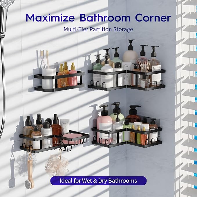Youvip Shower Caddy Corner No Drilling-Adhesive, Shower Shelves-Rustproof | Organizer for Dorm. Black, 4-Pack - with Soap Holder