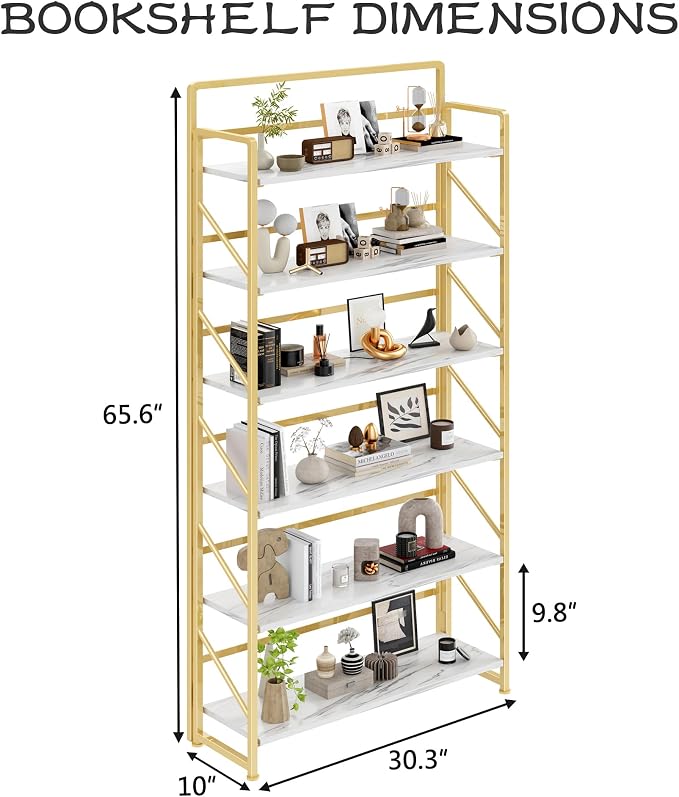 JSB 6 Tier No Assembly Folding Bookshelf, 30.3" Wide Foldable Storage Bookcase for Home Office, Space-Saving Storage Shelf for Living Room (White&Gold)