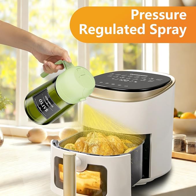 Olive Oil Sprayer & Dispenser Bottle for Cooking 16oz Dark Glass Oil Mister | 2-in-1 Oil Sprayer & Pourer, Fine mist, Light-Blocking, Wide Mouth for Easy Refill & Clean, 8 Oil Labels, Reusable