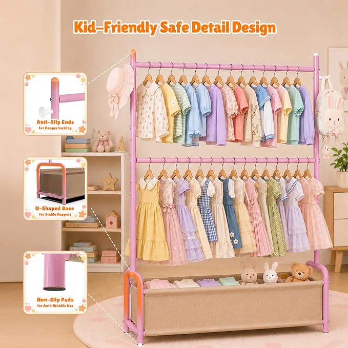 Kids Clothing Rack with Double Rod, Storage Basket & Hooks, Height Adjustable Kids Clothes Rack, Portable Baby Dress Up Garment Rack for Princess Dresses, Pink