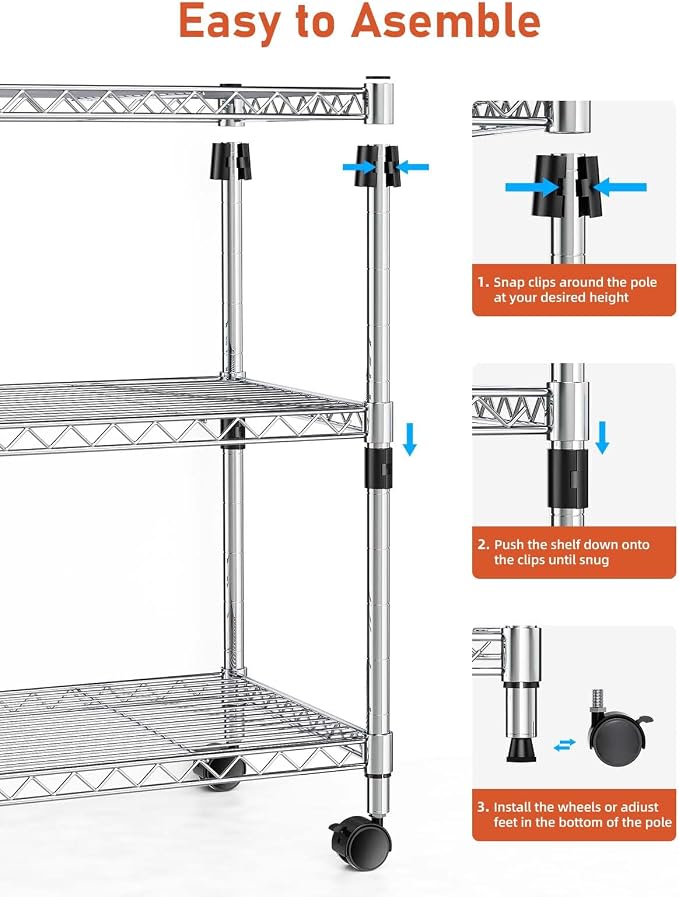 HealSmart 3-Tier Heavy Duty Storage Shelving Unit,Chrome,24.02" D x 13.78" W x 21.97" H inch, 1 Pack