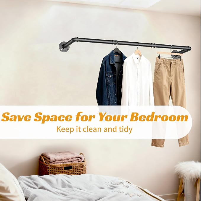 40 INCH Industrial Pipe Clothes Rack,Wall Mounted Clothes Rack,Metal | 150lbs Max Heavy Duty Clothing Rack,Powder Coating Surface,Space-Saving Hanging Rod for Laundry Room,Bedroom,Closet Storage