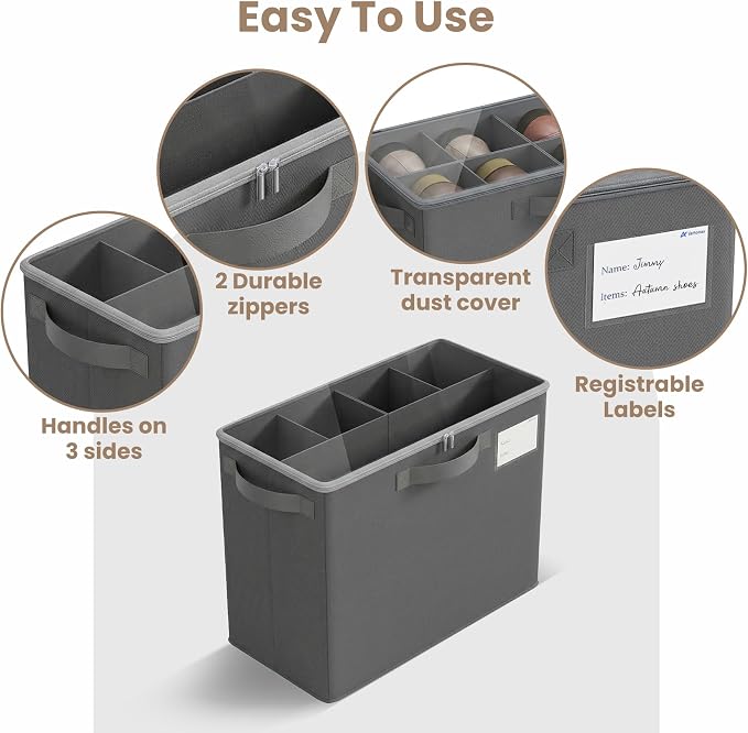 Varhomax Shoe Organizer Box for Closet, Small Fabric Storage Basket Gray | Foldable Shoe Bin with Adjustable Dividers & Clear Cover, Saving Space Sneakers & Sandals Containersfor Entryway, Cubby