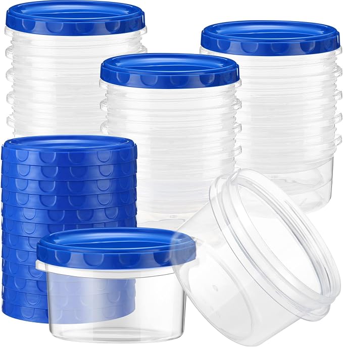 Sieral 16 Pack 8 oz Freezer Containers with Lids Reusable Deli Freezer Storage Containers Stackable Plastic Thick Twist Top Jars for Takeout Food Round Wide Mouth Lunch Snack (Blue)