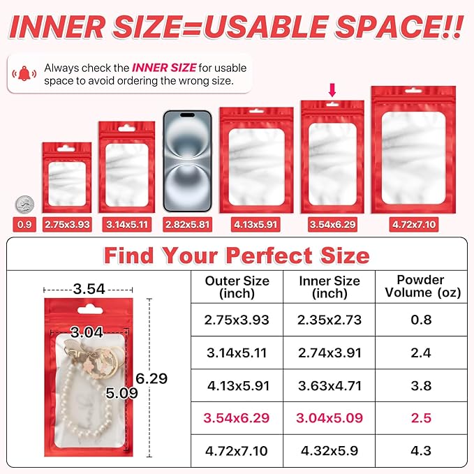 100 PCS Resealable Mylar Bags with Zipper and Frosted Clear Window Smell Proof Bags Packaging Bag Foil Pouch Zipper for Food Self Sealing Storage Supplies Xmas Treat(Red, 3.54x6.29 inch)