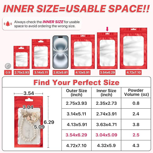 100 PCS Resealable Mylar Bags with Zipper and Frosted Clear Window Smell Proof Bags Packaging Bag Foil Pouch Zipper for Food Self Sealing Storage Supplies Xmas Treat(Red, 3.54x6.29 inch)