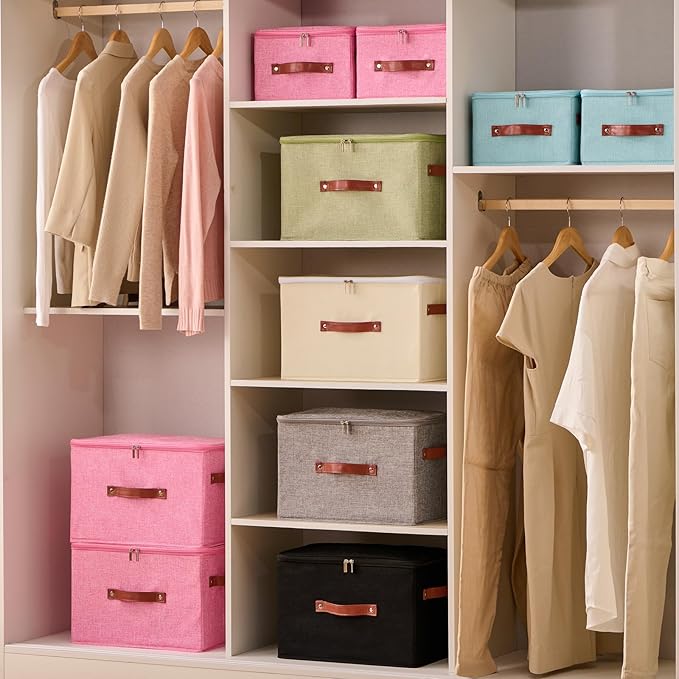 Storage Bin Box with Zippered Lid Cotton Linen Fabric Decorative Basket with PU Leather Handles PP Plastic Board Foldable Lidded Clothing Shelf Closet Organizer Container (Black, Small)