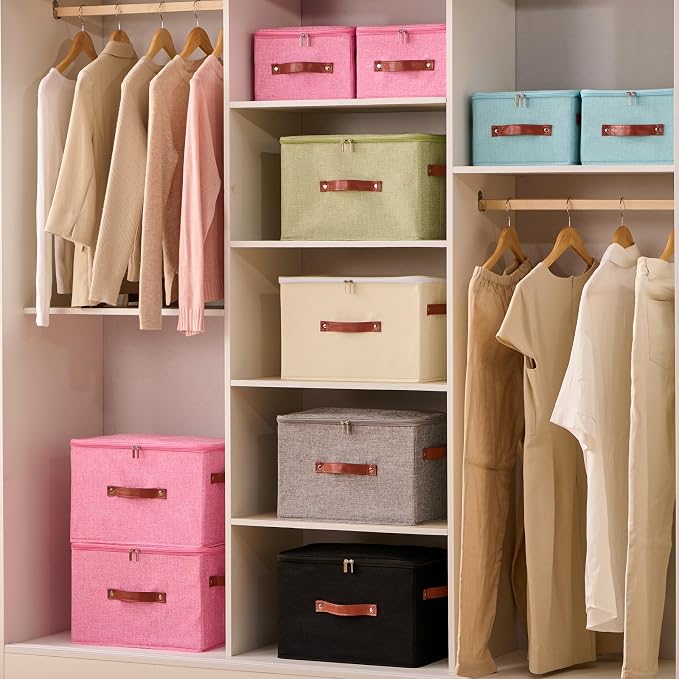 Storage Bin Box with Zippered Lid Cotton Linen Fabric Decorative Basket with PU Leather Handles PP Plastic Board Foldable Lidded Clothing Shelf Closet Organizer Container (Beige, Small)