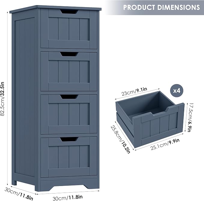 FOTOSOK Bathroom Storage Cabinet, Bathroom Cabinet with 4 Drawers, 11.8” x 11.8” x 32.5” Freestanding Entryway Cupboard Storage Organizer Unit Home Furniture Decor, Blue