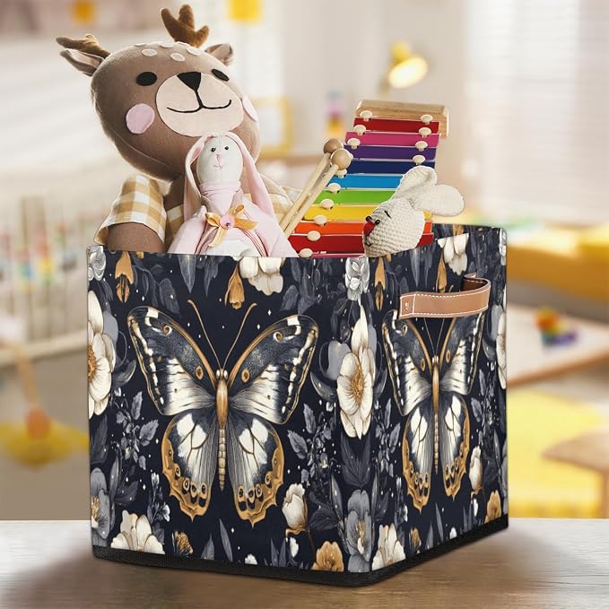 TropicalLife Flower Butterfly Storage Cube, 13 Inch Fabric Cube Storage Organizer Bin for Shelves Clothes, Decorative Foldable Storage Boxes