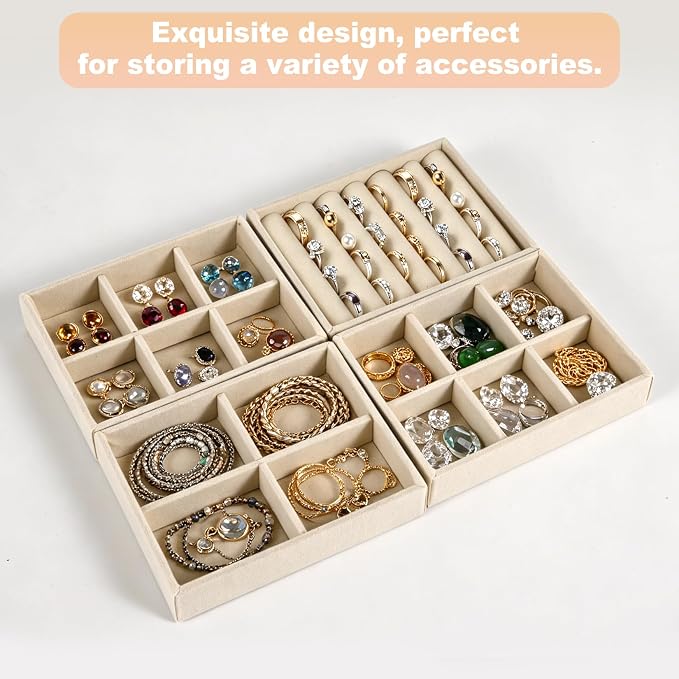 Small 8-Piece Velvet Jewelry Drawer Organizer Inserts Stackable Trays | 4.8in velvet trays with removable dividers, fits jewelry boxes & narrow drawers, stackable for earrings rings makeup storage
