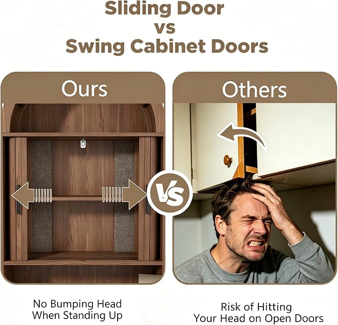 Arched Over The Toilet Storage Cabinet, Walnut Freestanding Bathroom Organizer with Sliding Door, Adjustable Shelf & Anti-Tip Device for Bathroom, Laundry