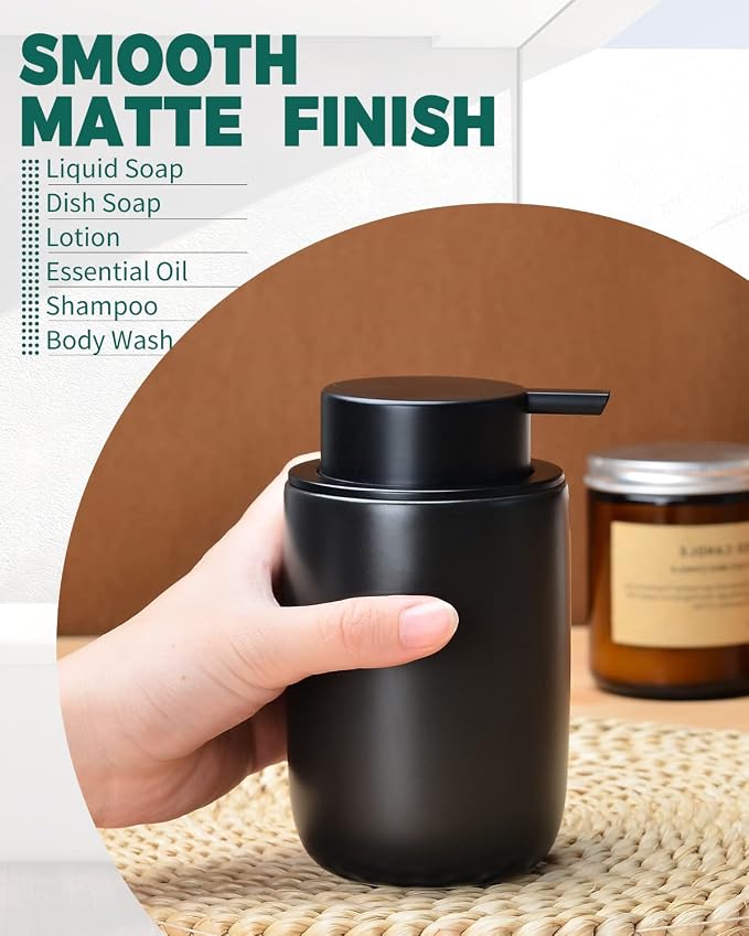 BosilunLife Lotion Pump Dispenser for Kitchen, Bathroom Countertop | Matte Black Soap Dispenser Bathroom Ceramic Dish Liquid Soap Dispenser