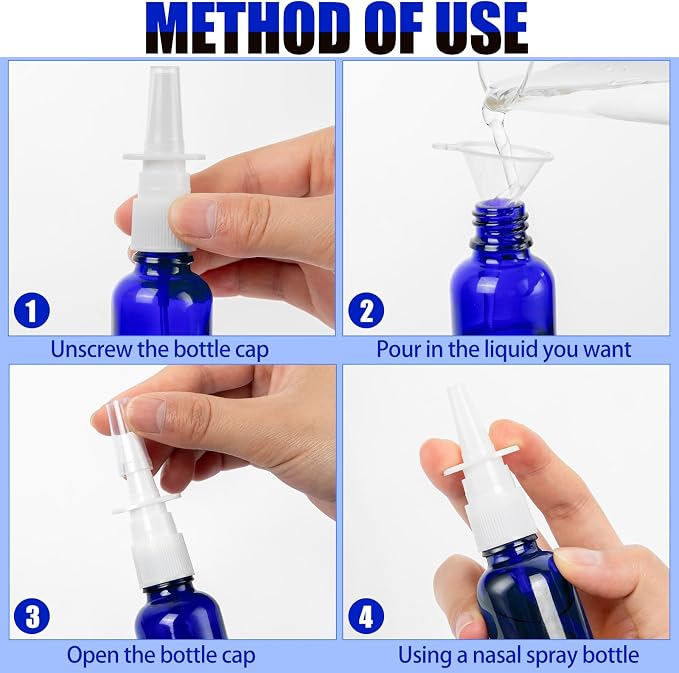 20 Pcs Nasal Spray Bottles, 30ML/1oz Blue Glass Refillable Fine Mist Empty Nasal Spray Bottle with 4 Funnels and 4 Labels