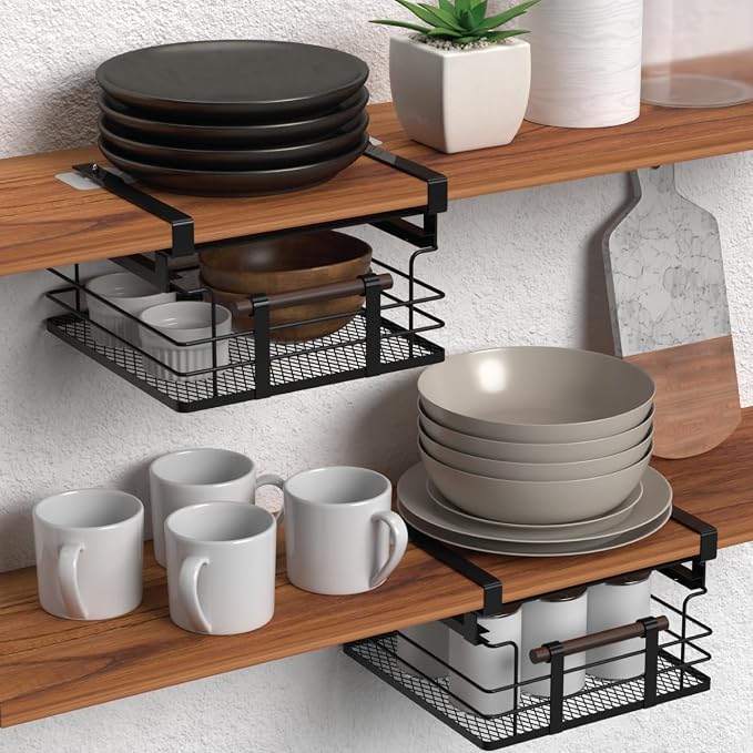 Home Zone Living Pull-Out Kitchen Cabinet Under Shelf Drawer Organizer | Steel Mesh Basket Frame with Wooden Handle, 11" x 11" x 7", Black