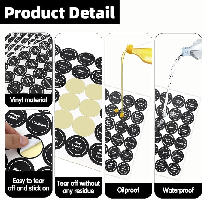 Spice Labels, 864 Pcs Self-Adhensive Round Spice Jar Labels, 1.5 In Waterproof Preprinted Chalkboard Style Tear Resistant Labels Stickers for Kitchen Food Pantry Glass Spices Jars Seasoning Containers