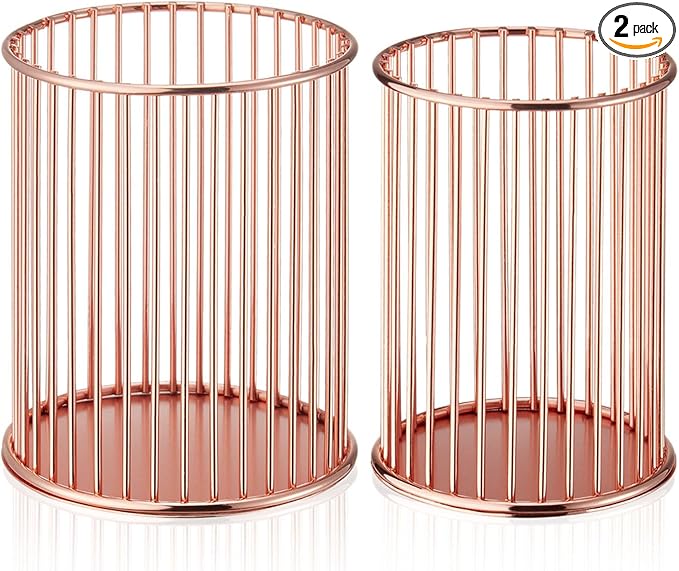 2 Sets Metal Pen Holder for Desk, Makeup Brushes Cup Holder, Pencil Holders, Pen cup, Home and Office Organizer, Rose gold