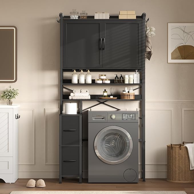 Over the Toilet Storage Cabinet with Doors, 2 Large Drawers & 6 Hooks, Over the Toilet Organizer with Toilet Paper Holder, Over the Toilet Storage for Bathroom, Laundry Room, Black