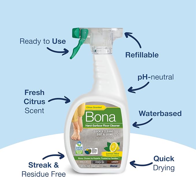 Bona Multi-Surface Floor Cleaner Spray - 32 fl oz - Lemon Mint Scent - Refillable - Residue-Free Floor Cleaning Solution for Stone, Tile, Laminate, and Vinyl Floors