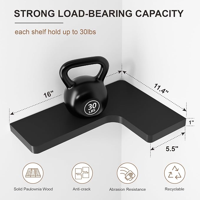 fuqing Corner Floating Shelves for Storage, Set of 3, Solid Wood, Wall Mount Wooden Display Shelf for Bathroom Bedroom Kitchen Garage, Black