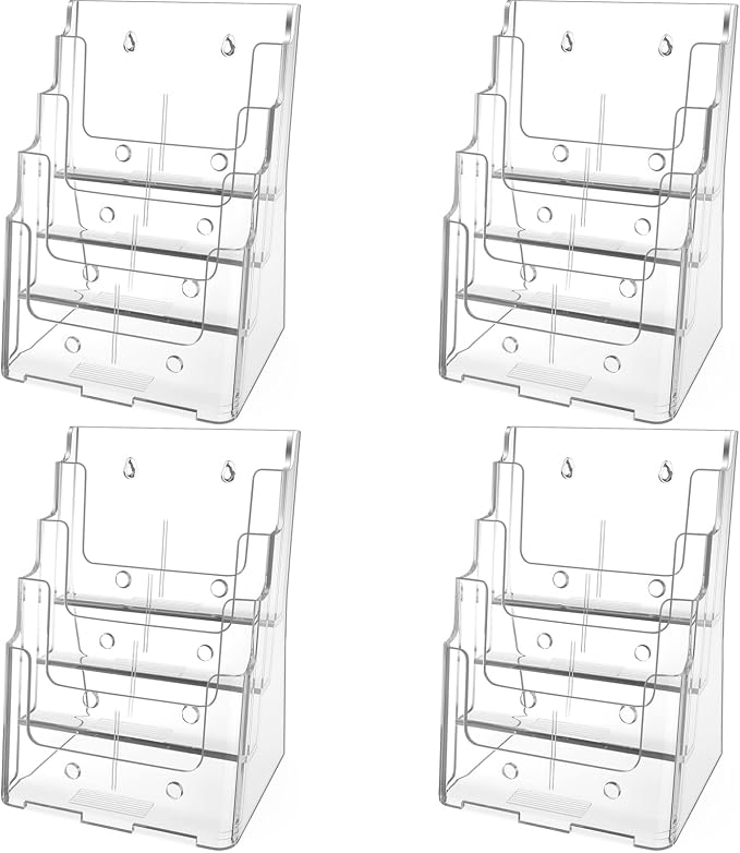 MaxGear 4 Tier Brochure Holder, 8.5 x 11, Removable Divider, 4 Pack | Clear Acrylic Material, Fits 8.5 x 11 Literature or 4 x 9 Brochures, Wall Mount or Countertop, Non Slip Slot, Polished Edges