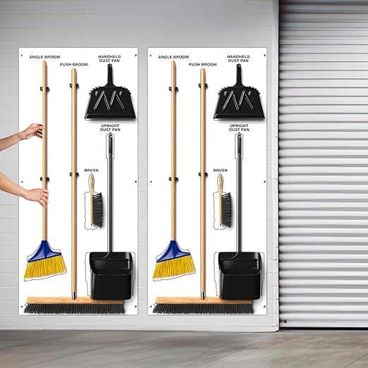 Clean & Sweep 5S Shadow Board/Wall Mount Broom Holder, 68" x 30" Board, 5S Cleaning Station - with Broom and Dustpan Set Included, Made in The USA by AccuformNMC, White/White, PSB116WTWT