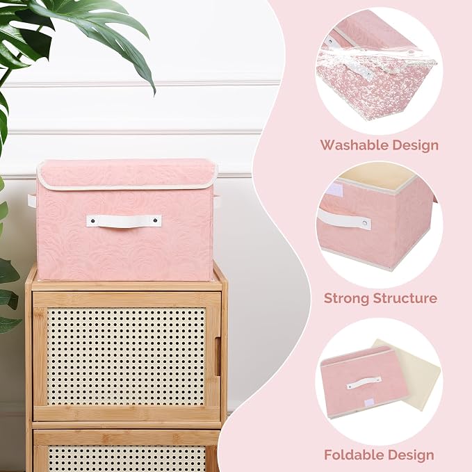 Lucky Monet Cute Storage Bin Boxes with Lids Washable Decorative Storage Boxes Pink Lidded Storage Baskets Collapsible Fabric Box Cubes with PU Leather Handles for Shelf Closet, 1 Pack Pink, Large