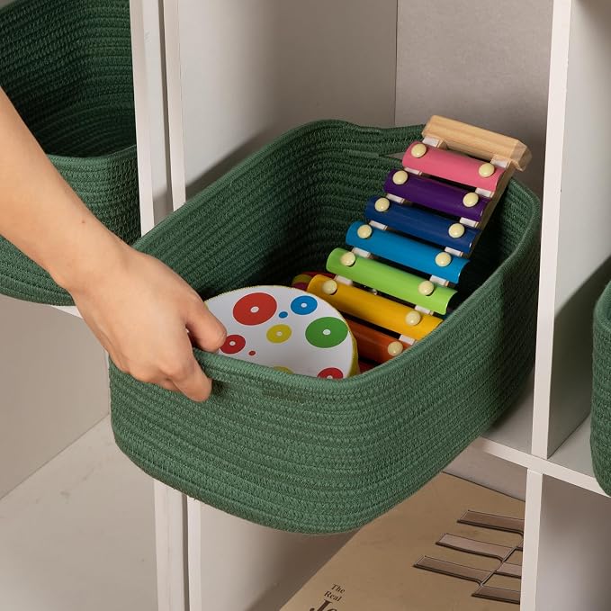 OIAHOMY Cotton Rope Woven Baskets for Storage, Nursery Rectangle Storage Basket with Handles for Shelves, Pack of 3, Green