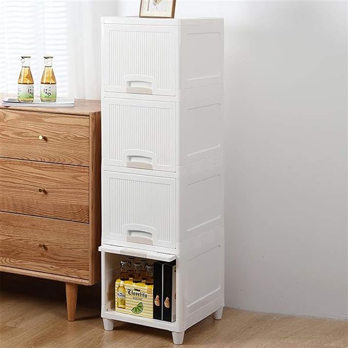Slim Narrow Storage Drawers Organizer for Gadgets Peripherals, Dresser Storage Tower Plastic Organizer Unit Freestanding for Closet Entryway Hallway Nursery Room (4-Drawers), White