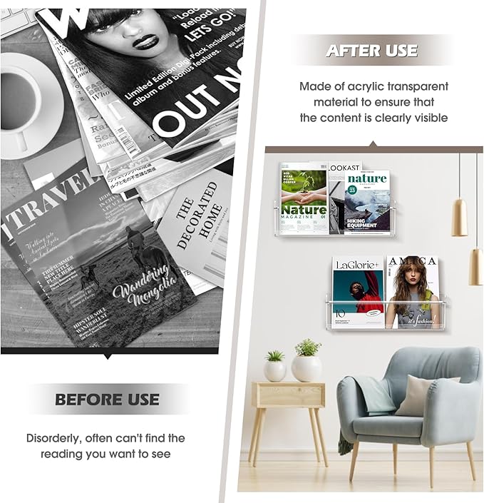 2 Pack Acrylic Magazine Holder,17 Inch Clear Wall Book Shelves | With Mounting Kit,easy installation,for school display areas,kids rooms,residential living spaces,commercial office decor