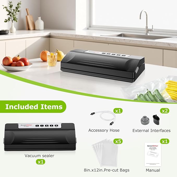 Bonsenkitchen Vacuum Sealer Machine for Food Storage,Black-Silver | Multi-Functional Food Sealer, 65kPa Suction, External Vacuum System , Compact Design with 5 Vacuum Bags