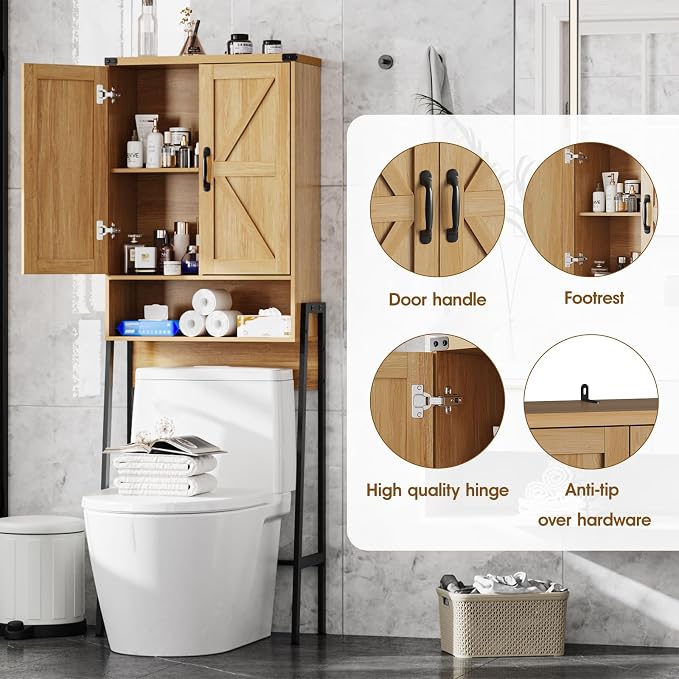 Vabches Over The Toilet Storage Cabinet with 2-Door Design Bathroom Organizers and Storage with Anti-Tip Device Over Toilet Organizer with Shelves for Bathroom,Restroom,Laundry Natural