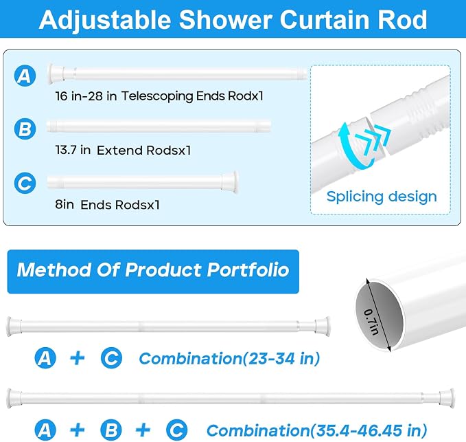 MEXAU 4 Pack White Spring Tension Curtain Rods 23-46 Inch,Adjustable Tension Rods Shower Curtain Rod No Drilling for Window, Bathroom, Closet, Room Divider, 7/8" Diameter