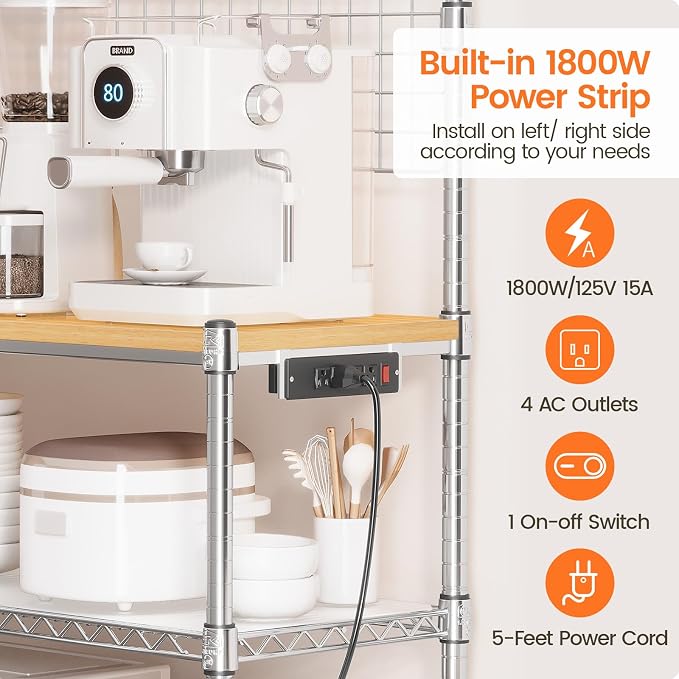 Bakers Rack with Power Outlet & Storage,36In Microwave Stand Kitchen Cart | 4-Tier Metal Kitchen Shelves Cart with Wheels & 20 S-Hooks for Kitchen, NSF Certified, 63 x 18 x 36 Inch-Chrome
