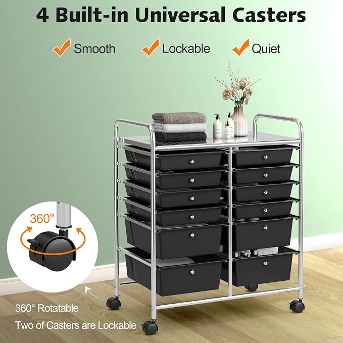 DREAMADE Rolling Cart with Storage Drawers, Utility Cart with Removable Plastic Drawers, Lockable Wheels, Art Cart for Classroom Organization Art Supplies Office Scrapbook (12 Drawers, Black)