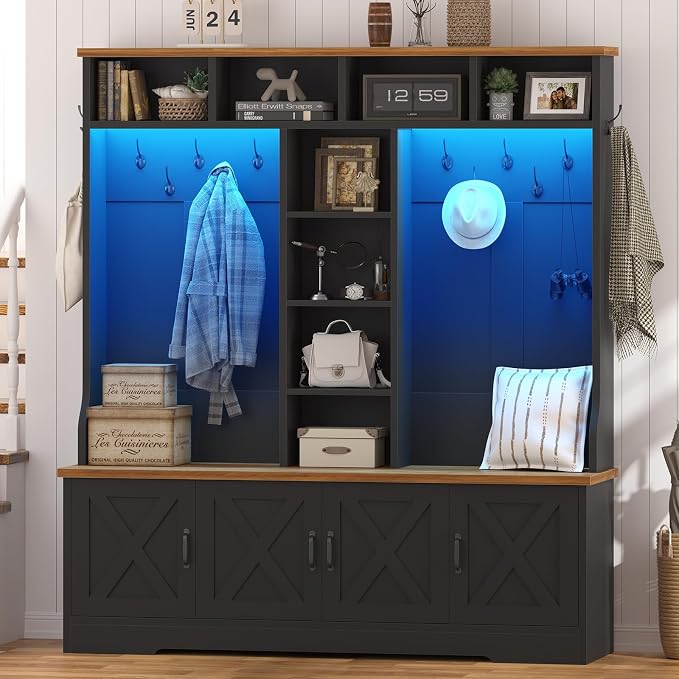 CSZZD Hall Tree with Bench and Shoe Storage, Farmhouse Entryway Bench with Coat Racks and Led Lights, Black Large Hall Tree with 12 Coat Hooks, 8 Storage Cubbies, Adjustable Shelf