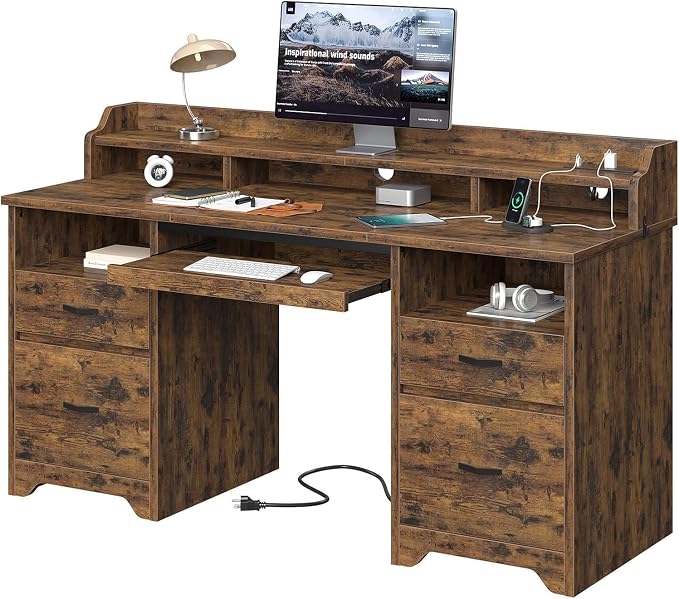 Bestier 59" Executive Desk with Charging Station & Monitor Stand, Brown | Farmhouse Wood Computer Desk with Drawers, Home Office Desk with Keyboard Tray, Sturdy Pedestal Desk for Work Study