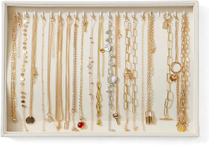 Large Jewelry Organizer for Drawer Insert Velvet Stackable Jewelry Trays for Earring Necklace Bracelet Ring Display (Beige, 21 Hooks)