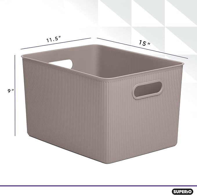 Superio Ribbed Collection - Decorative Plastic Basket Open Home Storage Bins Organizer, X-Large Taupe (6 Pack) Container Boxes for Organizing Closet Storage Bins for Shelves 22 Liter/23 Quart