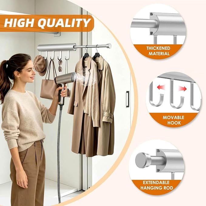 12 Inch Valet Rod for Closet Pull Out Heavy Duty Hidden Closet Valet Rod with 5 Hooks Retractable Slide Out Wardrobe Organizer Aluminum Valet Bar Silver 1 Pack