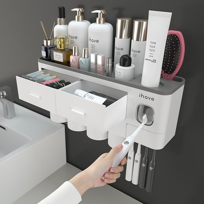 iHave Toothbrush Holders Wall Mounted with Toothpaste Dispenser & 4 Cups | All-in-One Bathroom Organizer: 4 Cups, 7 Slots, Toothpaste Dispenser, Large Tray & Drawer. Wall Mount, No Drilling Required