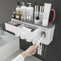 iHave Toothbrush Holders Wall Mounted with Toothpaste Dispenser & 4 Cups | All-in-One Bathroom Organizer: 4 Cups, 7 Slots, Toothpaste Dispenser, Large Tray & Drawer. Wall Mount, No Drilling Required