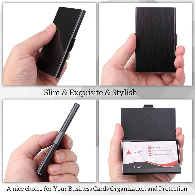 Slim Business Card Case for Men & Women, Pocket Metal Case, Professional Stainless Steel Business Card Holders, Purse Name Card Holder, Buckle Style Shut, Black