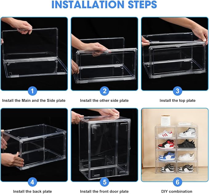 HIYOHIYO 8 Pack Clear Shoe Box Organizer, Large Capacity Fit US Size 14 | Stackable, With Magnetic Door, Thicken Sturdy, Easy Assembly Transparent Display Case, For Sneaker, Ankle Boots, High Heels